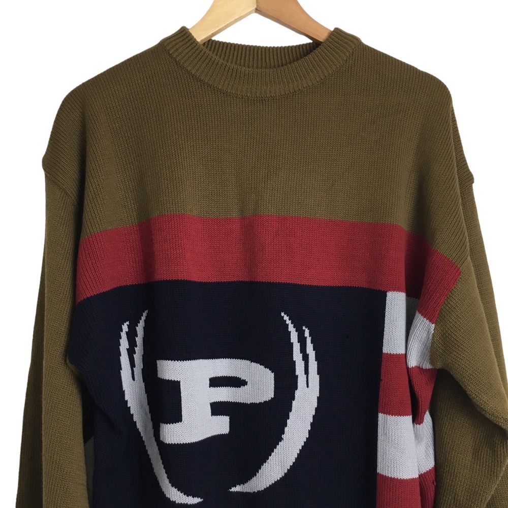 Phat Farm Mens Knit Crewneck Sweater Olive Grey P Logo XL Y2K - Picture 3 of 14